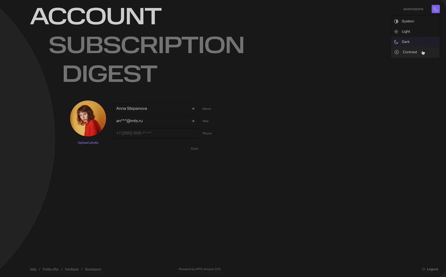 The WorkZen account page in the dark theme, with the theme menu open: system, light, dark and contrast